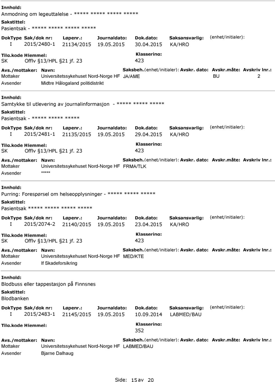 29.04.2015 Avs./mottaker: Navn: Saksbeh. Avskr. dato: Avskr.måte: Avskriv lnr.