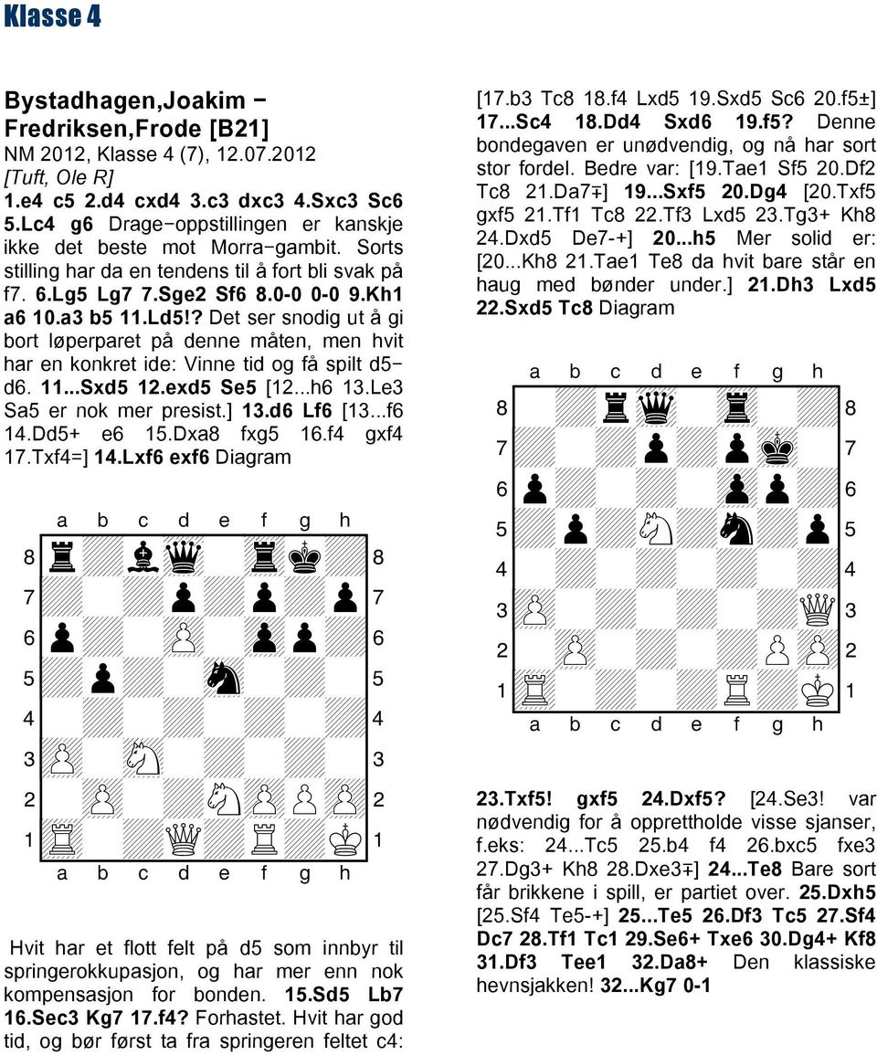 ? Det ser snodig ut å gi bort løperparet på denne måten, men hvit har en konkret ide: Vinne tid og få spilt d5 d6. 11...Sxd5 12.exd5 Se5 [12...h6 13.Le3 Sa5 er nok mer presist.] 13.d6 Lf6 [13...f6 14.