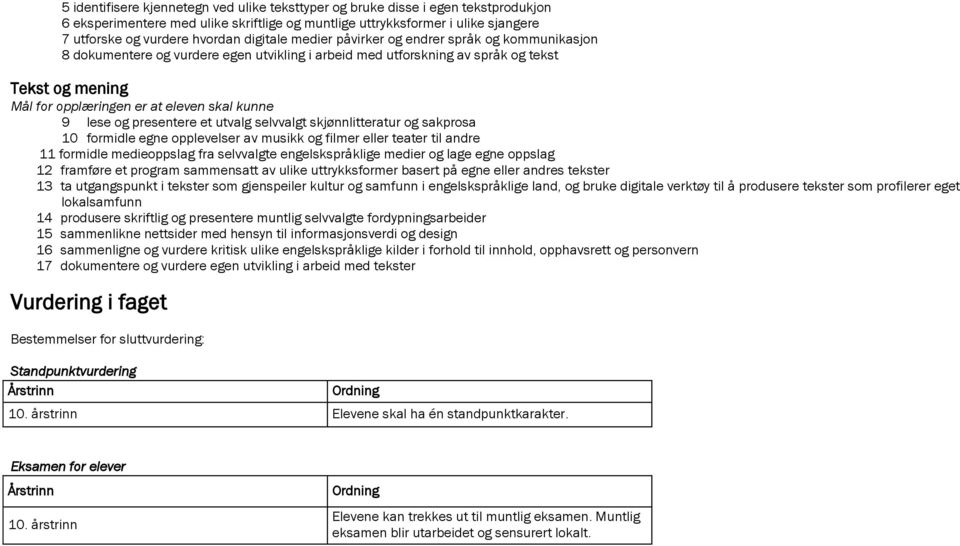 kunne 9 lese og presentere et utvalg selvvalgt skjønnlitteratur og sakprosa 10 formidle egne opplevelser av musikk og filmer eller teater til andre 11 formidle medieoppslag fra selvvalgte