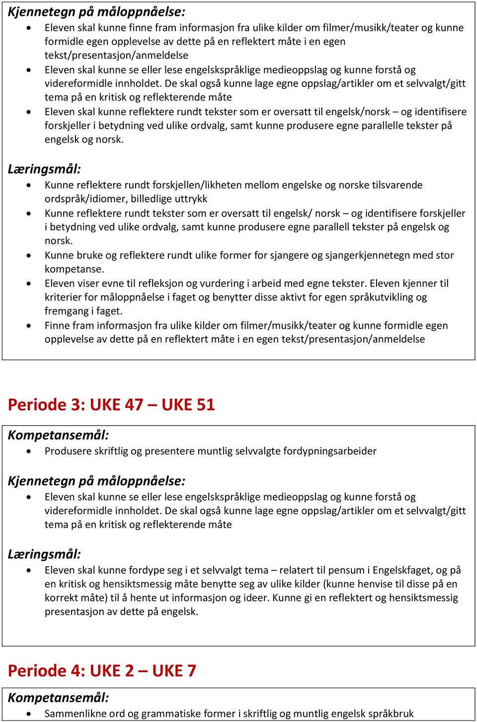 De skal også kunne lage egne oppslag/artikler om et selvvalgt/gitt tema på en kritisk og reflekterende måte Eleven skal kunne reflektere rundt tekster som er oversatt til engelsk/norsk og