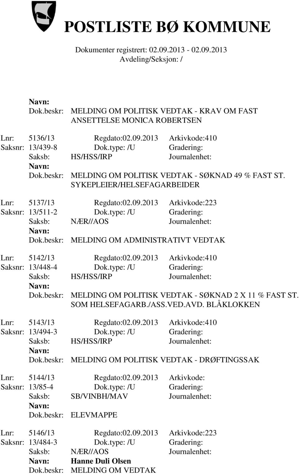 beskr: MELDING OM ADMINISTRATIVT VEDTAK Lnr: 5142/13 Regdato:02.09.2013 Arkivkode:410 Saksnr: 13/448-4 Dok.type: /U Gradering: Dok.beskr: MELDING OM POLITISK VEDTAK - SØKNAD 2 X 11 % FAST ST.