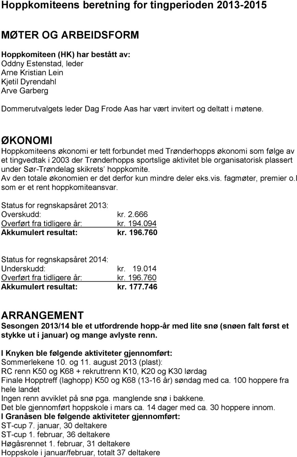 ØKONOMI Hoppkomiteens økonomi er tett forbundet med Trønderhopps økonomi som følge av et tingvedtak i 2003 der Trønderhopps sportslige aktivitet ble organisatorisk plassert under Sør-Trøndelag