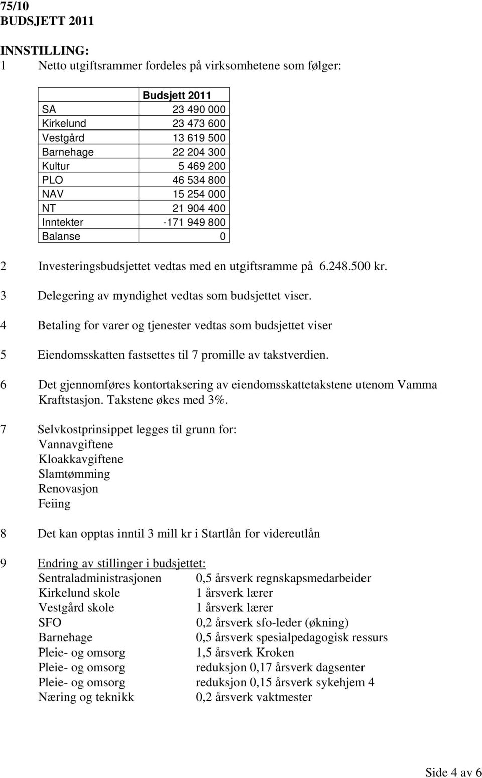 4 Betaling for varer og tjenester vedtas som budsjettet viser 5 Eiendomsskatten fastsettes til 7 promille av takstverdien.