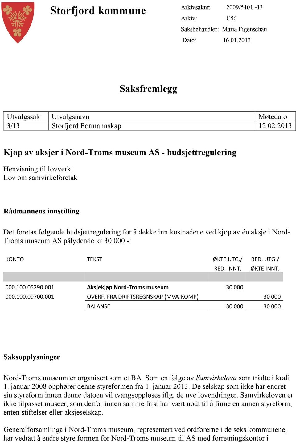kostnadene ved kjøp av én aksje i Nord- Troms museum AS pålydende kr 30.000,-: KONTO TEKST ØKTE UTG./ RED. UTG./ RED. INNT. ØKTE INNT. 000.100.05290.001 Aksjekjøp Nord-Troms museum 30 000 000.100.09700.