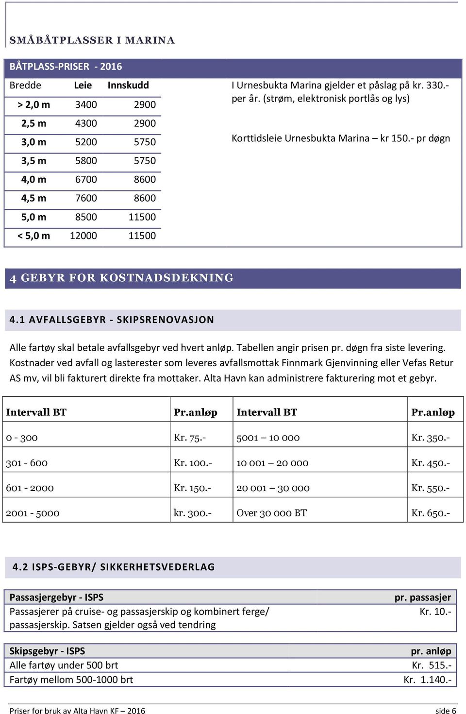 - pr døgn 3,5 m 5800 5750 4,0 m 6700 8600 4,5 m 7600 8600 5,0 m 8500 11500 < 5,0 m 12000 11500 4 GEBYR FOR KOSTNADSDEKNING 4.