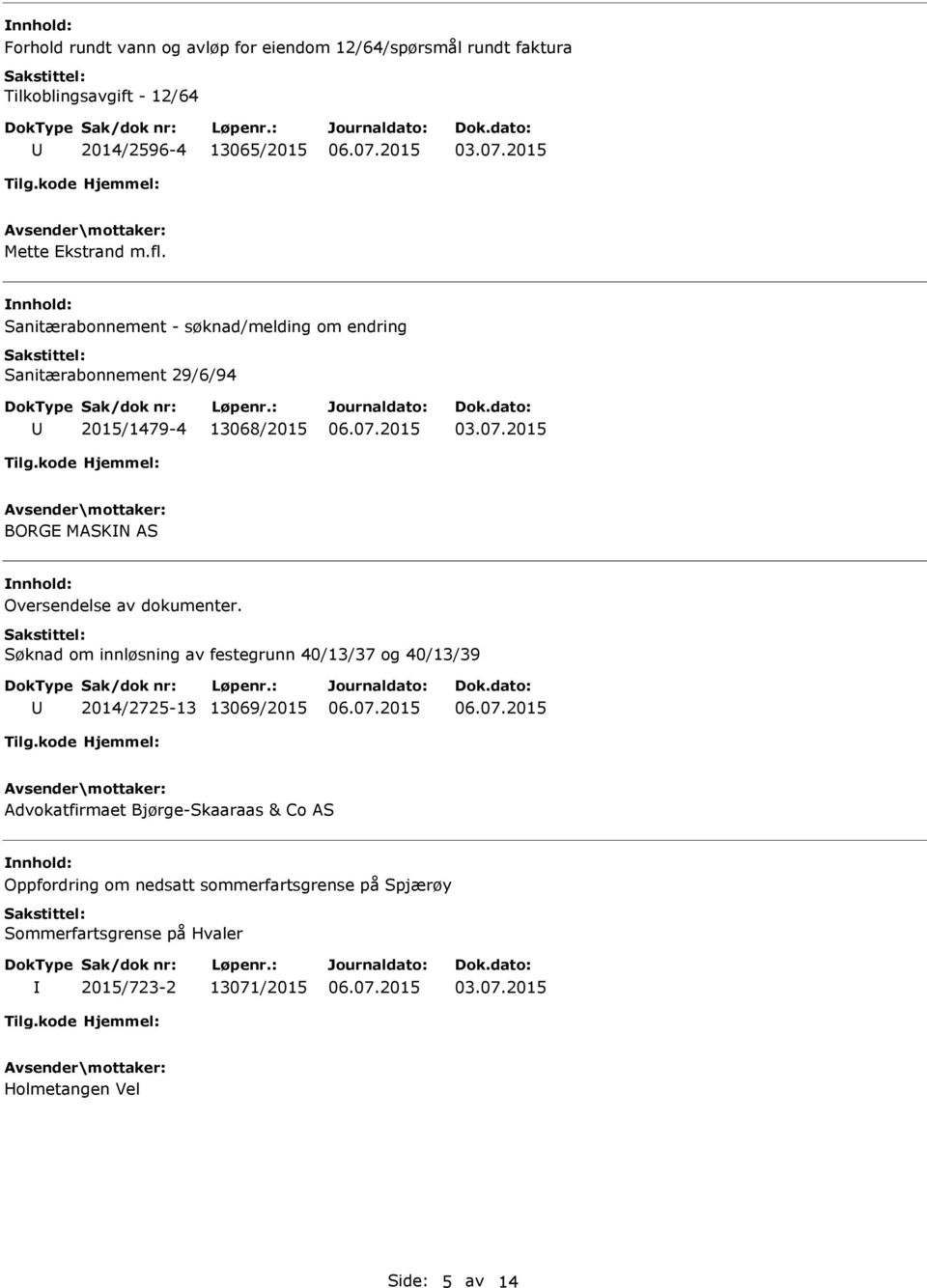 Sanitærabonnement - søknad/melding om endring Sanitærabonnement 29/6/94 2015/1479-4 13068/2015 BORGE MASKN AS Oversendelse av