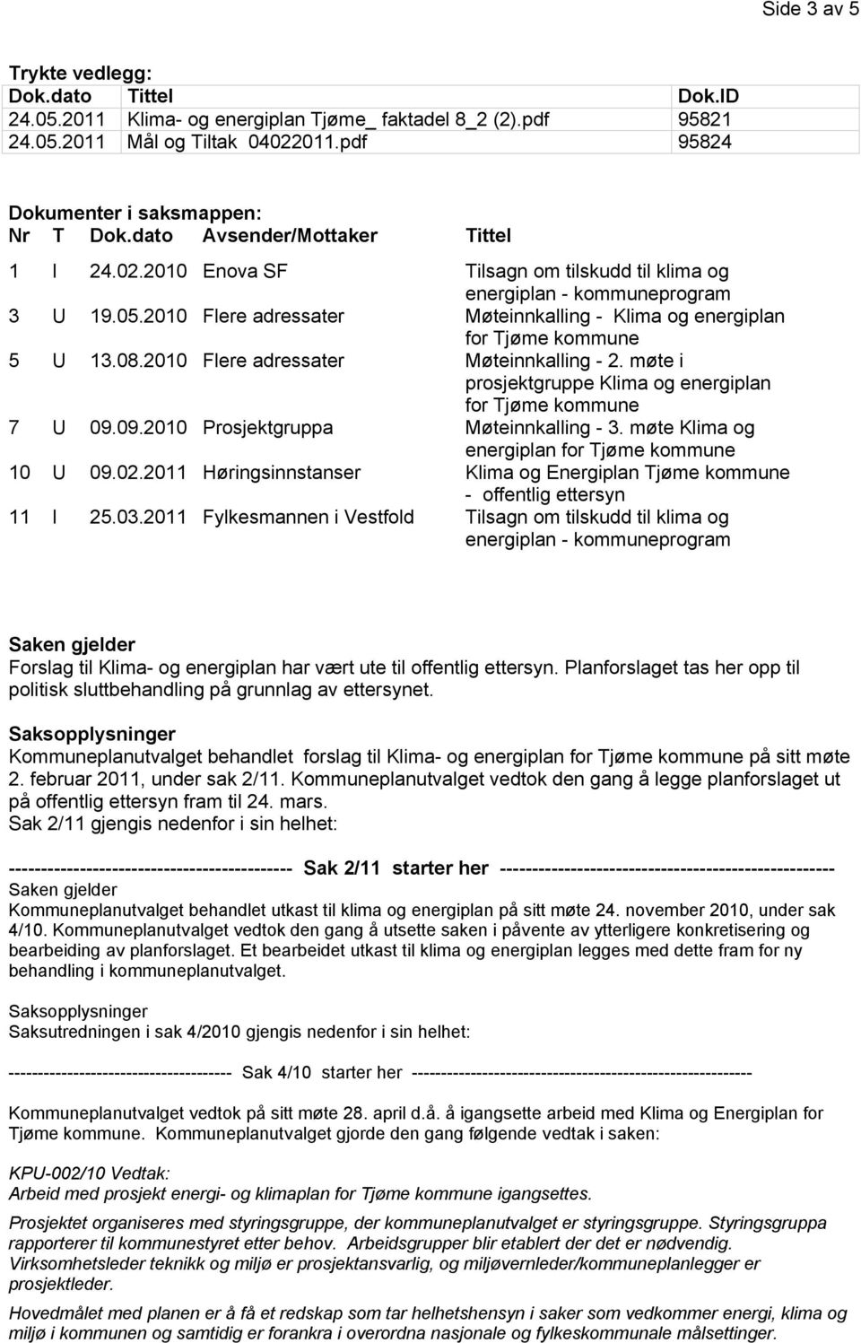 2010 Flere adressater Møteinnkalling - Klima og energiplan for Tjøme kommune 5 U 13.08.2010 Flere adressater Møteinnkalling - 2. møte i prosjektgruppe Klima og energiplan for Tjøme kommune 7 U 09.