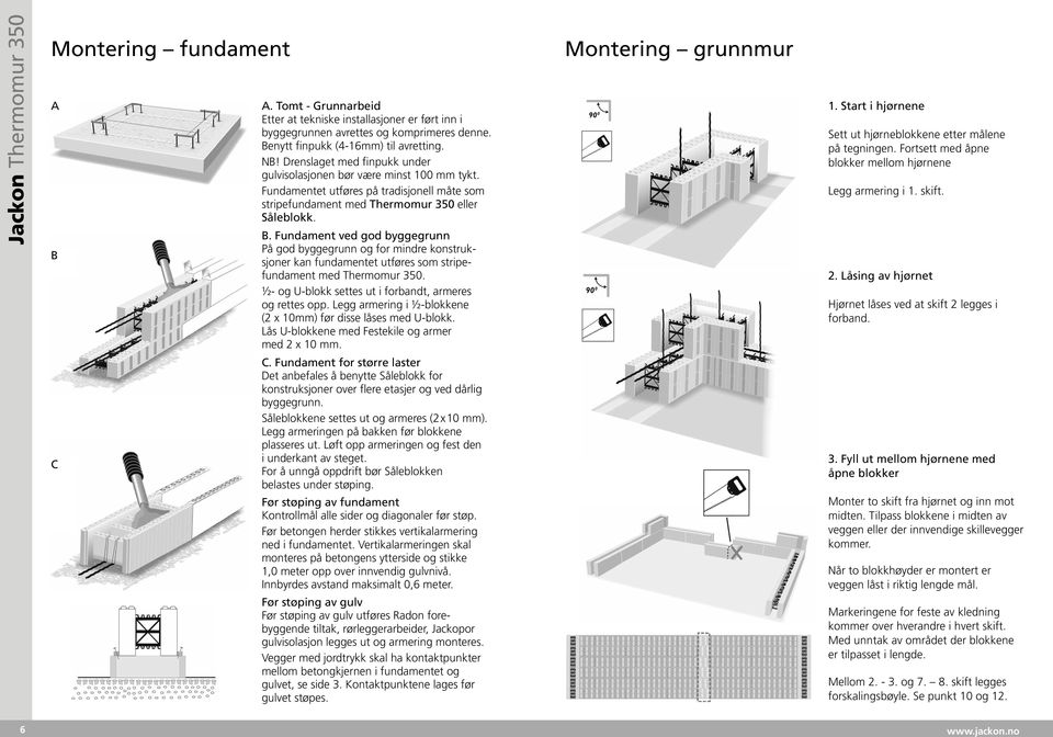 Fundament ved god byggegrunn På god byggegrunn og for mindre konstruksjoner kan fundamentet utføres som stripefundament med Thermomur 350. ½- og U-blokk settes ut i forbandt, armeres og rettes opp.