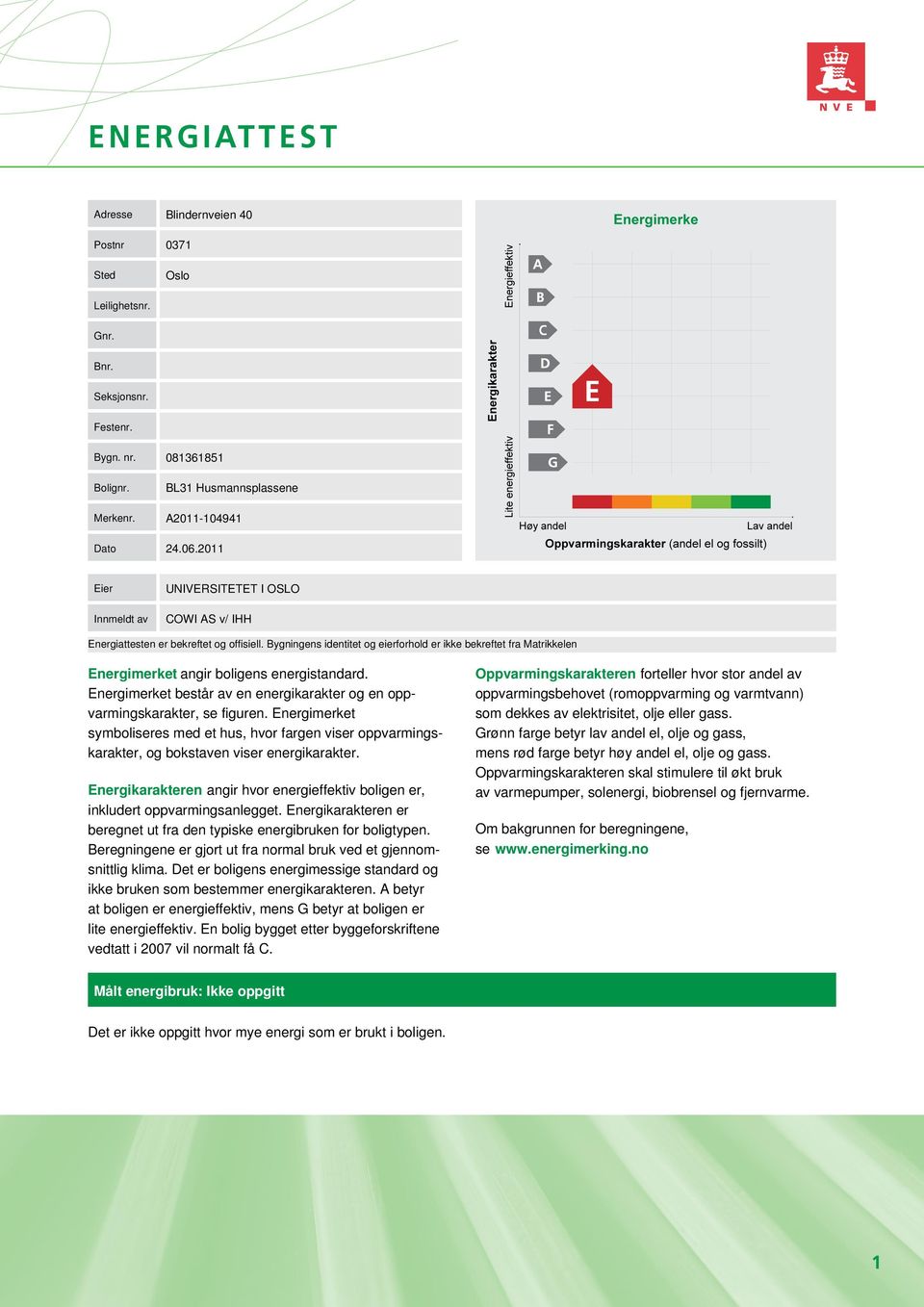 Bygningens identitet og eierforhold er ikke bekreftet fra Matrikkelen Energimerket angir boligens energistandard. Energimerket består av en energikarakter og en opp- varmingskarakter, se figuren.