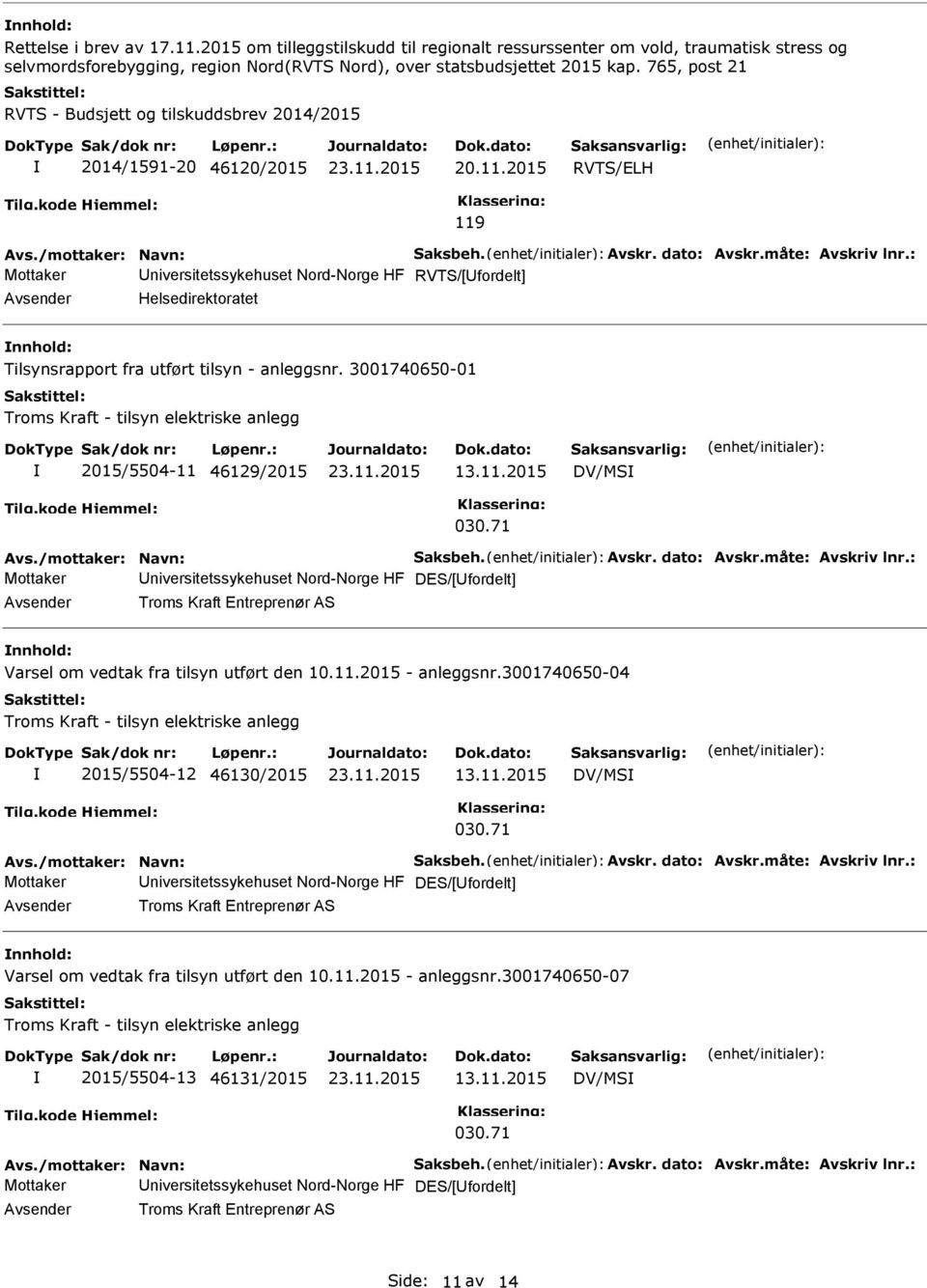 utført tilsyn - anleggsnr. 3001740650-01 2015/5504-11 46129/2015 DV/MS Mottaker niversitetssykehuset Nord-Norge HF DES/[fordelt] nnhold: Varsel om vedtak fra tilsyn utført den 10.11.2015 - anleggsnr.