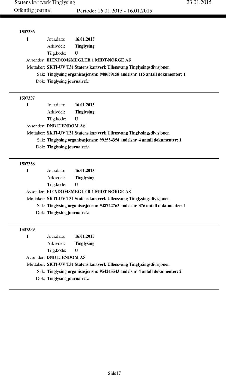 4 antall dokumenter: 1 Dok: journalref.: 1507338 Avsender: EIENDOMSMEGLER 1 MIDT-NORGE AS Mottaker: SKTI-V T31 Statens kartverk llensvang sdivisjonen Sak: organisasjonsnr. 948722763 andelsnr.