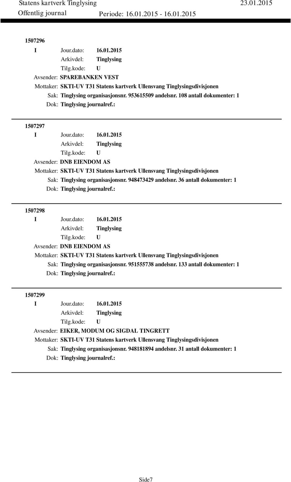 36 antall dokumenter: 1 Dok: journalref.: 1507298 Avsender: DNB EIENDOM AS Mottaker: SKTI-V T31 Statens kartverk llensvang sdivisjonen Sak: organisasjonsnr. 951555738 andelsnr.