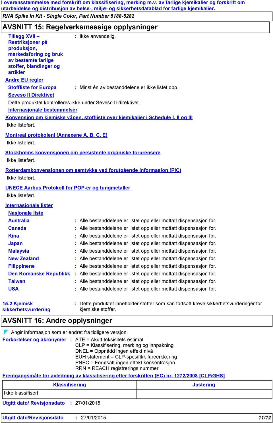 Internasjonale bestemmelser Konvensjon om kjemiske våpen, stoffliste over kjemikalier i Schedule I, II og III Ikke listeført. Montreal protokolenl (Annexene A, B, C, E) Ikke listeført.