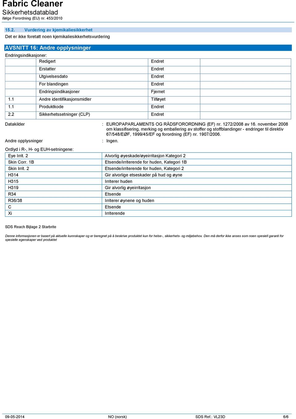 november 2008 om klassifisering, merking og emballering av stoffer og stoffblandinger - endringer til direktiv 67/548/EØF, 1999/45/EF og forordning (EF) nr. 1907/2006. : Ingen.