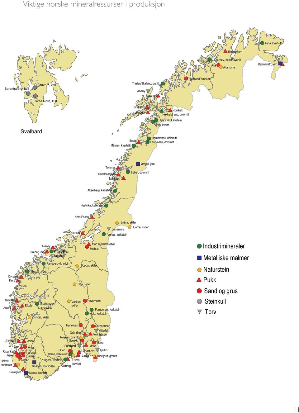 Gudvangen, anortositt Jondal, skifer Fræna/Eide, kalkstein + Skien Dalen, kalkstein Kragerø, kvartsitt Knaben, molybden Valberg Telnes, ilmenitt Randbergvik, olivin Nord-Fosen Ottersbo + + Valdres,