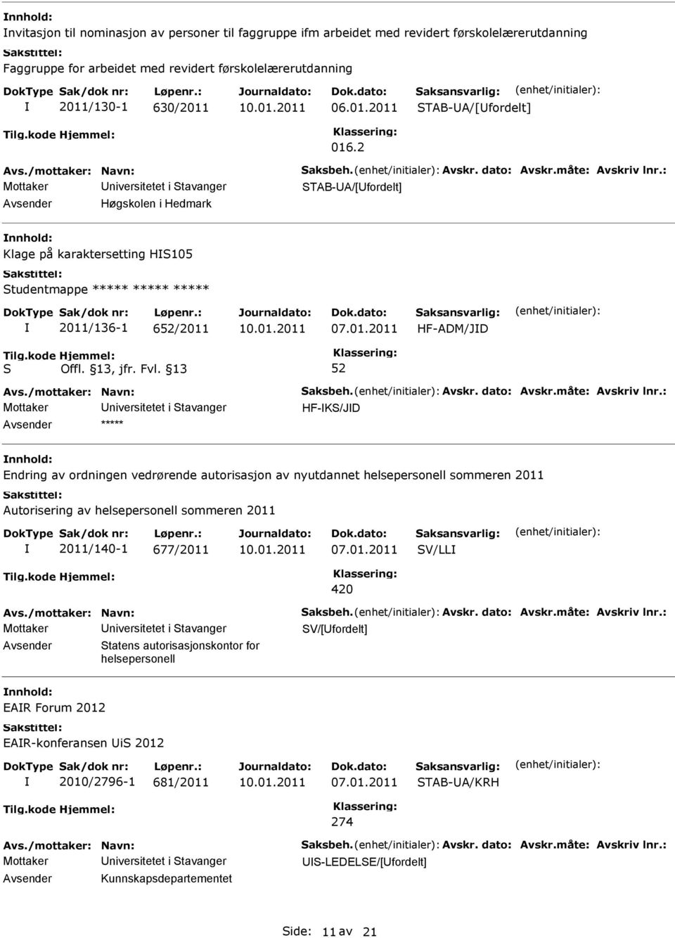 Endring av ordningen vedrørende autorisasjon av nyutdannet helsepersonell sommeren 2011 Autorisering av helsepersonell sommeren 2011 2011/140-1 677/2011 V/LL 420 Mottaker niversitetet i tavanger