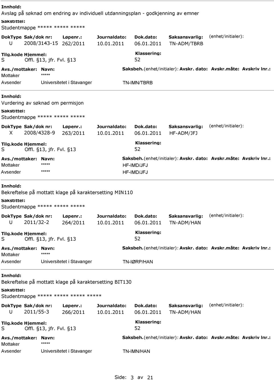 Bekreftelse på mottatt klage på karaktersetting MN110 tudentmappe ***** ***** ***** 2011/32-2 264/2011 TN-ADM/HAN niversitetet i tavanger TN-ØR/HAN