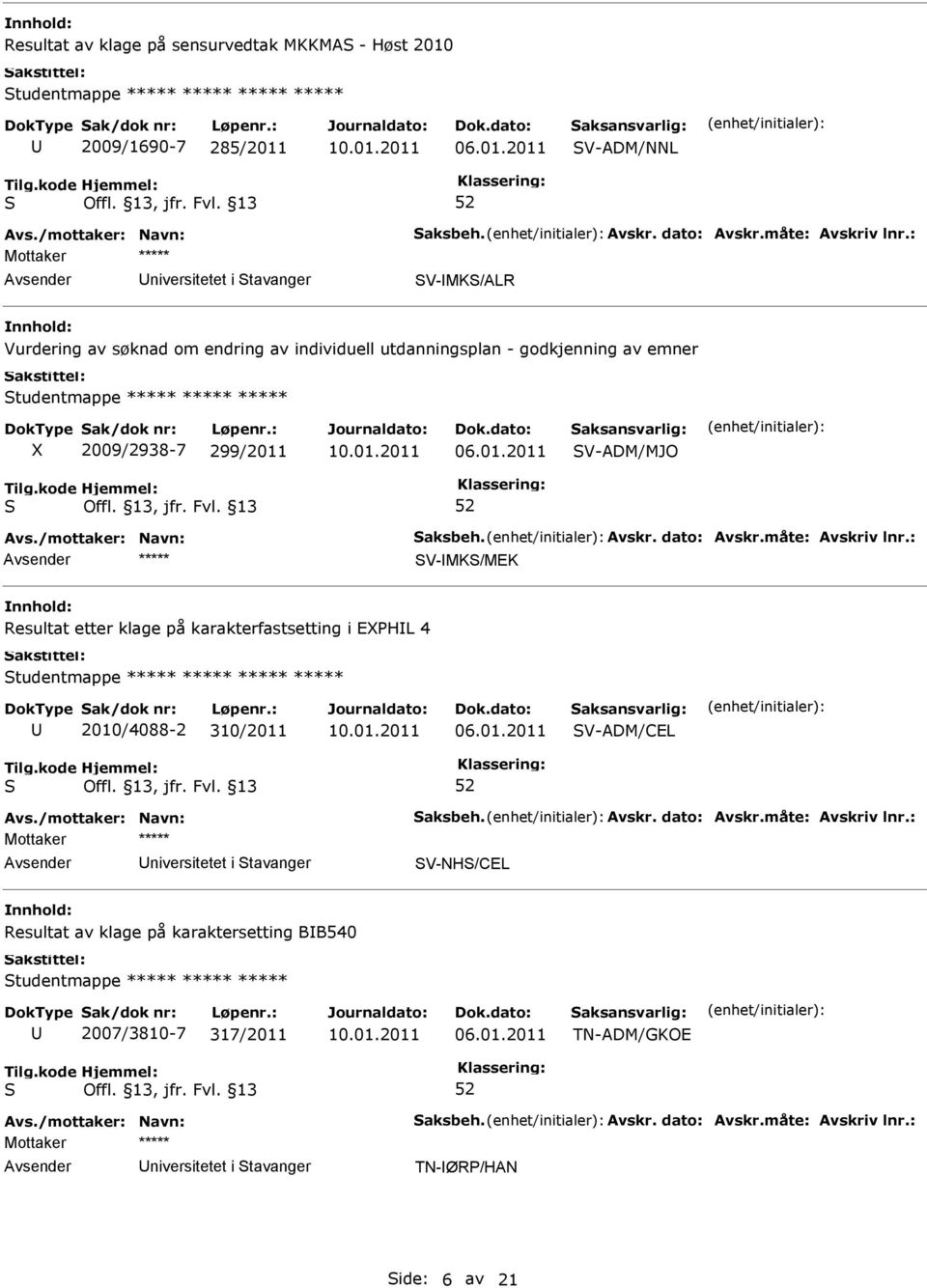 V-MK/MEK Resultat etter klage på karakterfastsetting i EXHL 4 tudentmappe ***** ***** ***** ***** 2010/4088-2 310/2011 V-ADM/CEL niversitetet i tavanger