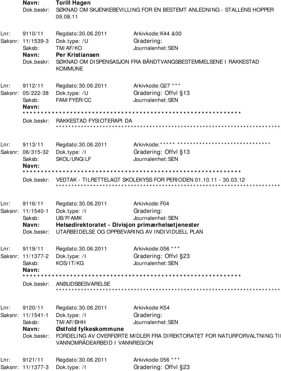 2011 Arkivkode:G27 *** Saksnr: 05/222-38 Dok.type: /U Offvl 13 Saksb: FAM/FYER/CC Journalenhet:SEN Dok.beskr: RAKKESTAD FYSIOTERAPI DA Lnr: 9113/11 Regdato:30.06.