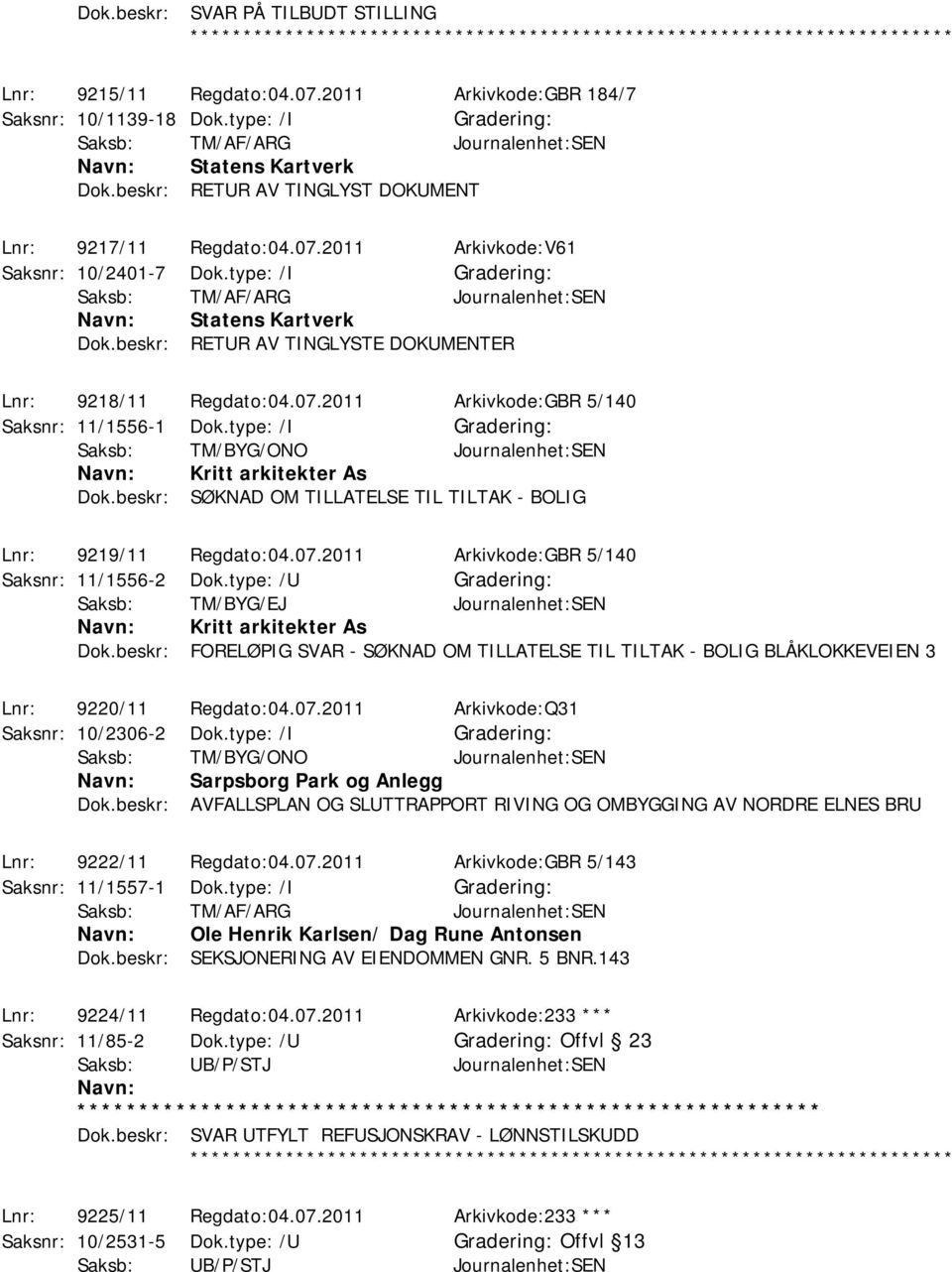 type: /I Saksb: TM/BYG/ONO Journalenhet:SEN Kritt arkitekter As Dok.beskr: SØKNAD OM TILLATELSE TIL TILTAK - BOLIG Lnr: 9219/11 Regdato:04.07.2011 Arkivkode:GBR 5/140 Saksnr: 11/1556-2 Dok.