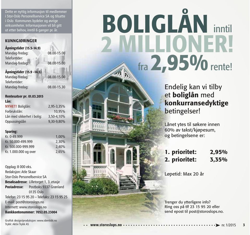 01.03.2015 Lån: NYHET! Boliglån: 2,95-3,35% Forbrukslån: 10,95% Lån med sikkerhet i bolig: 3,50-4,10% Oppussingslån 9,30-9,80% Sparing: Kr. 0-49.999 1,00% Kr. 50.000-499.999 2,30% Kr. 500.000-999.