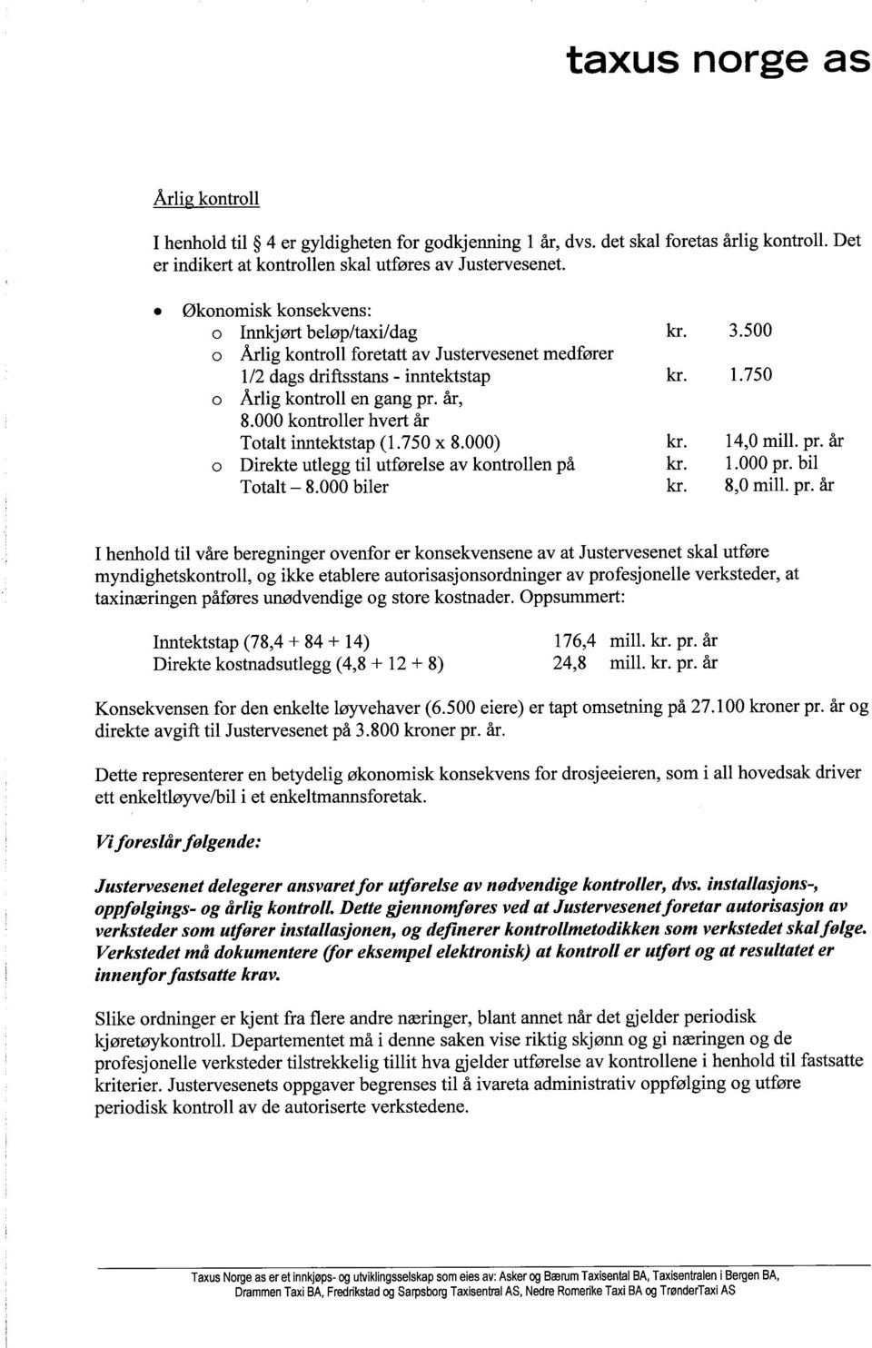 000 kontroller hvert år Totalt inntektstap (1.750 x 8.000) o Direkte utlegg til utførelse av kontrollen på Totalt - 8.000 biler 3.500 1.750 14,0 mil. pr.