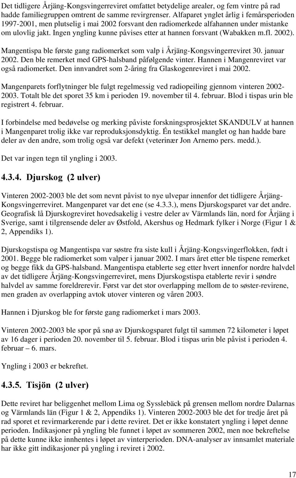 Ingen yngling kunne påvises etter at hannen forsvant (Wabakken m.fl. 2002). Mangentispa ble første gang radiomerket som valp i Årjäng-Kongsvingerreviret 30. januar 2002.