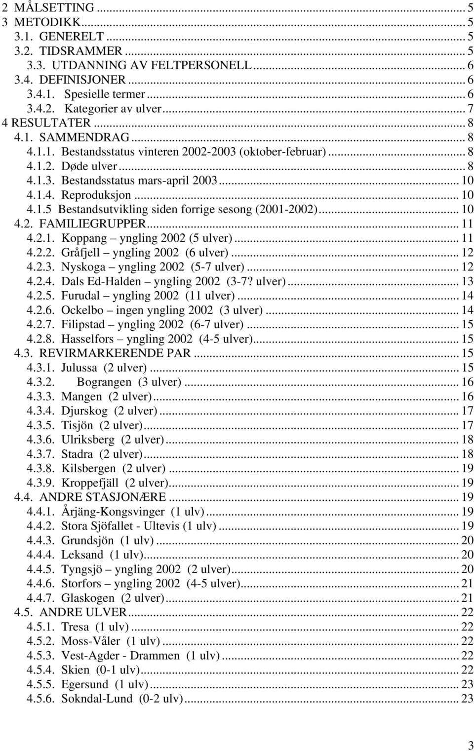 .. 10 4.1.5 Bestandsutvikling siden forrige sesong (2001-2002)... 10 4.2. FAMILIEGRUPPER... 11 4.2.1. Koppang yngling 2002 (5 ulver)... 11 4.2.2. Gråfjell yngling 2002 (6 ulver)... 12 4.2.3.