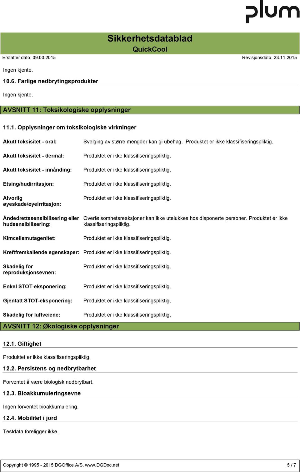 : Toksikologiske opplysninger 11