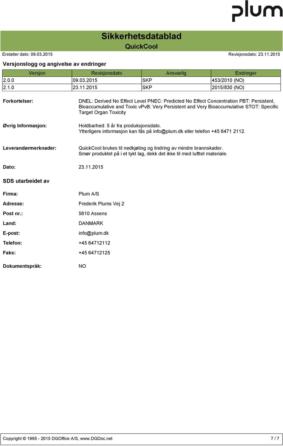 STOT: Specific Target Organ Toxicity Holdbarhed: 5 år fra produksjonsdato. Ytterligere informasjon kan fås på info@plum.dk eller telefon +45 6471 2112.