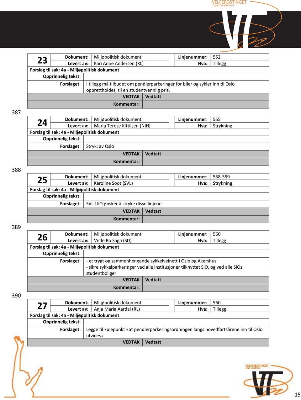 24 Dokument: Miljøpolitisk dokument Linjenummer: 555 Levert av: Maria Terese Kittilsen (NIH) Hva: Strykning Forslaget: Stryk: av Oslo 25 Dokument: Miljøpolitisk dokument Linjenummer: 558-559 Levert