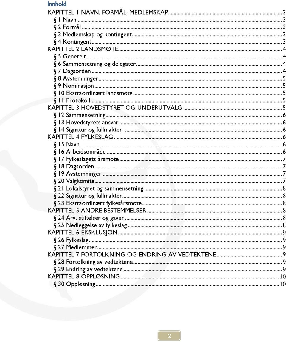 .. 6 14 Signatur og fullmakter... 6 KAPITTEL 4 FYLKESLAG... 6 15 Navn... 6 16 Arbeidsområde... 6 17 Fylkeslagets årsmøte... 7 18 Dagsorden... 7 19 Avstemninger... 7 20 Valgkomité.