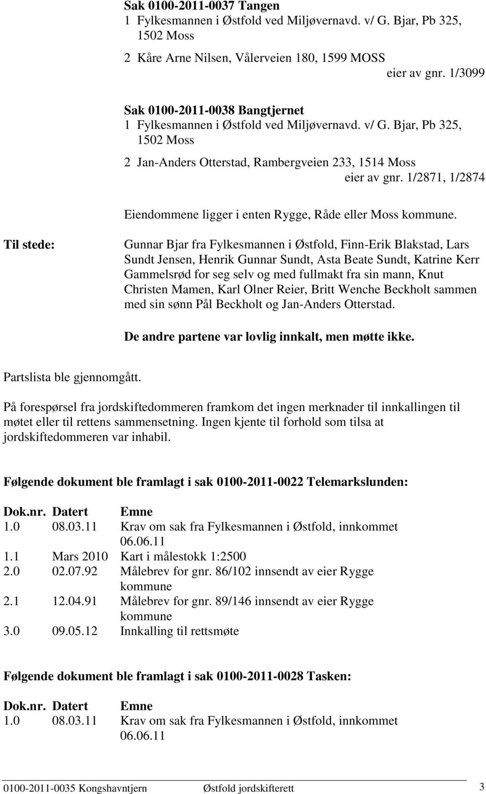 Til stede: Gunnar Bjar fra Fylkesmannen i Østfold, Finn-Erik Blakstad, Lars Sundt Jensen, Henrik Gunnar Sundt, Asta Beate Sundt, Katrine Kerr Gammelsrød for seg selv og med fullmakt fra sin mann,