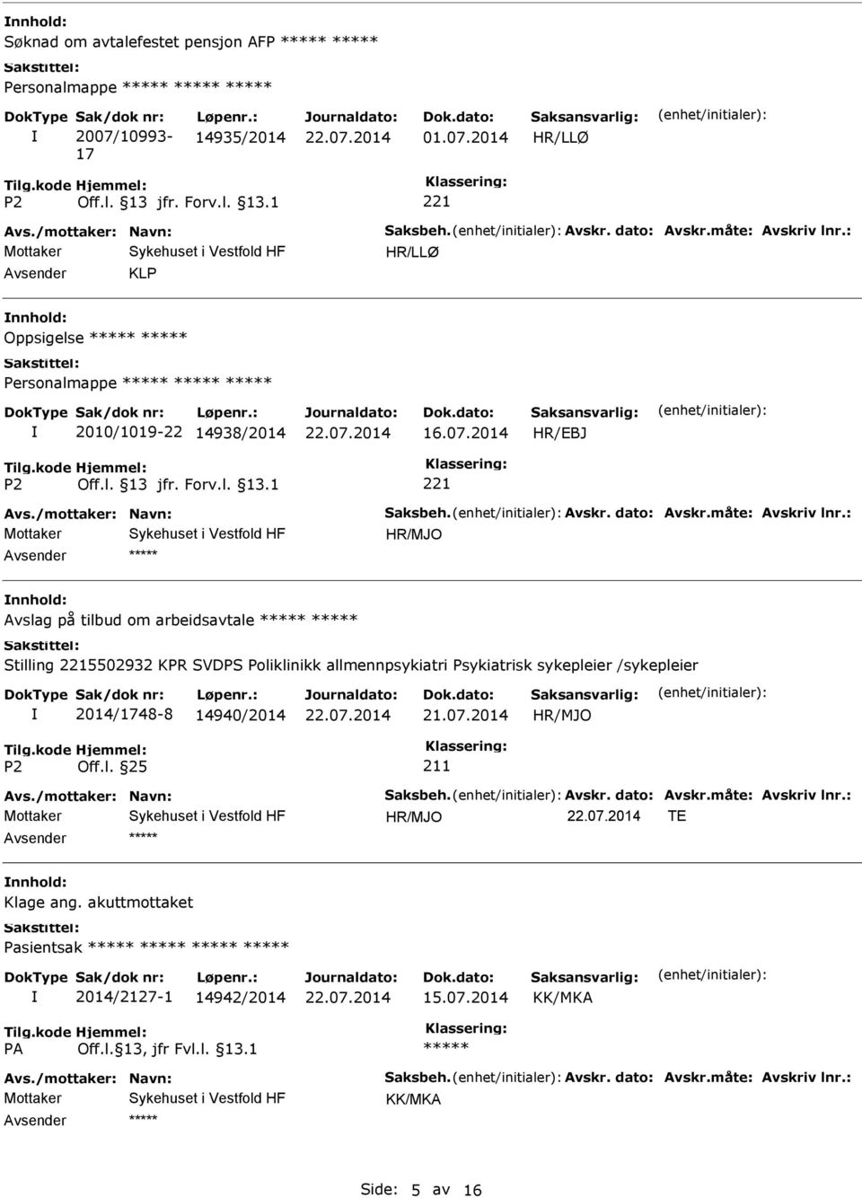 : HR/MJO Avslag på tilbud om arbeidsavtale Stilling 5502932 KPR SVDPS Poliklinikk allmennpsykiatri Psykiatrisk sykepleier /sykepleier 2014/1748-8 14940/2014 21.07.