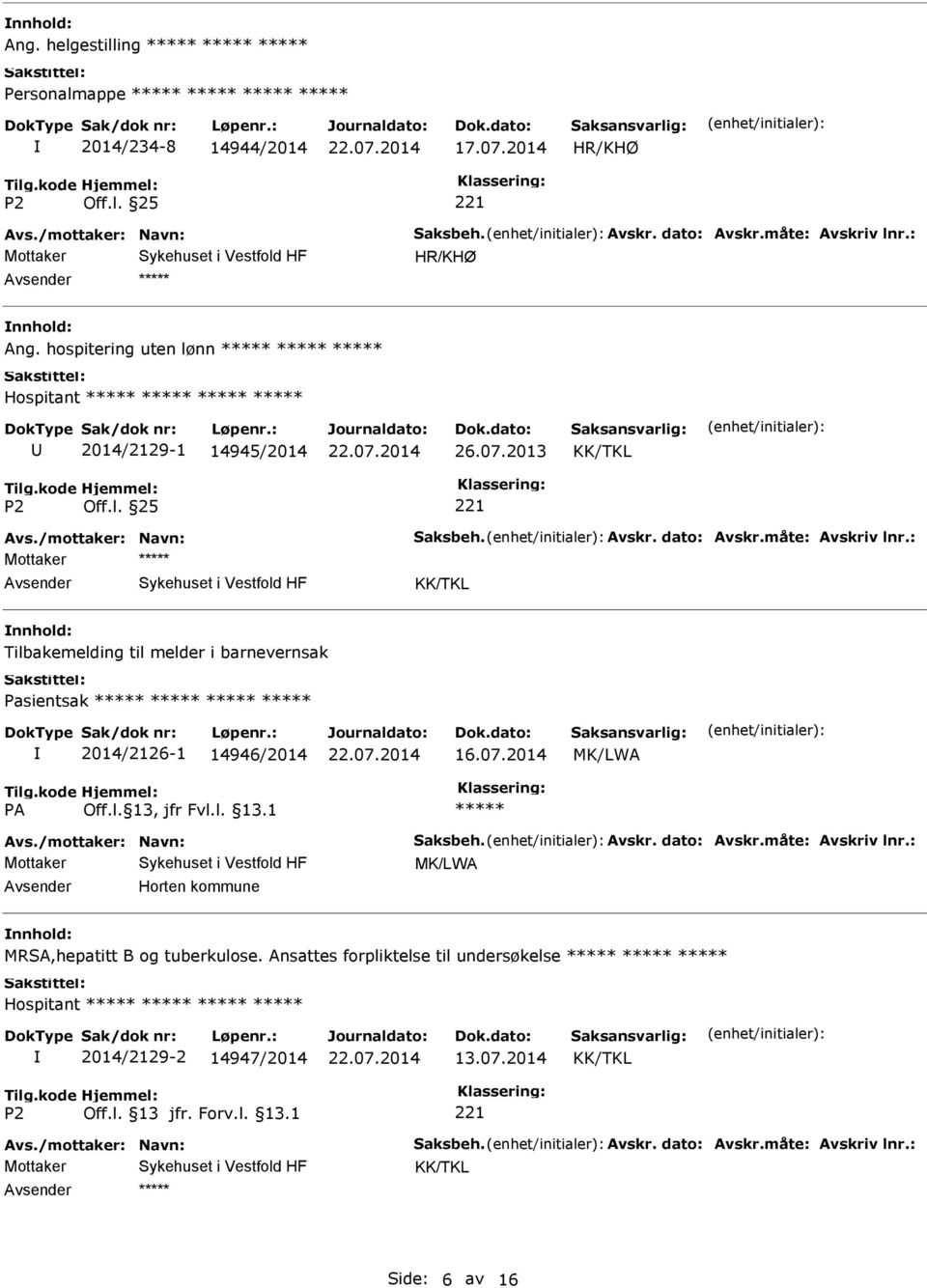 : Mottaker Tilbakemelding til melder i barnevernsak Pasientsak 2014/2126-1 14946/2014 16.07.2014 MK/LWA Avs./mottaker: Navn: Saksbeh. Avskr. dato: Avskr.