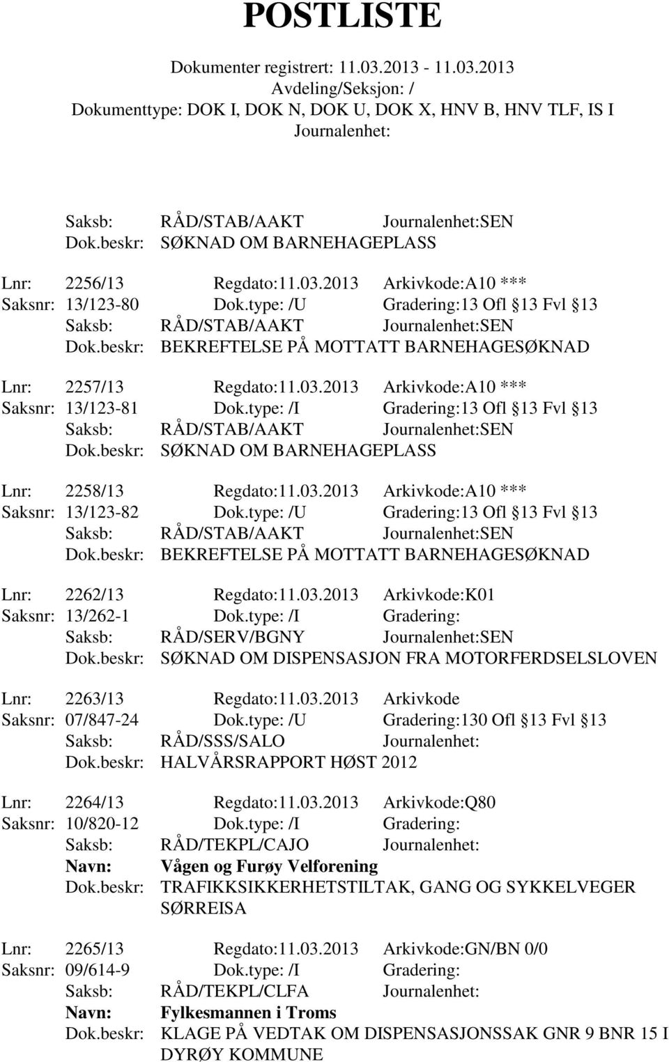 type: /I Gradering: Saksb: RÅD/SERV/BGNY SEN Dok.beskr: SØKNAD OM DISPENSASJON FRA MOTORFERDSELSLOVEN Lnr: 2263/13 Regdato:11.03.2013 Arkivkode Saksnr: 07/847-24 Dok.