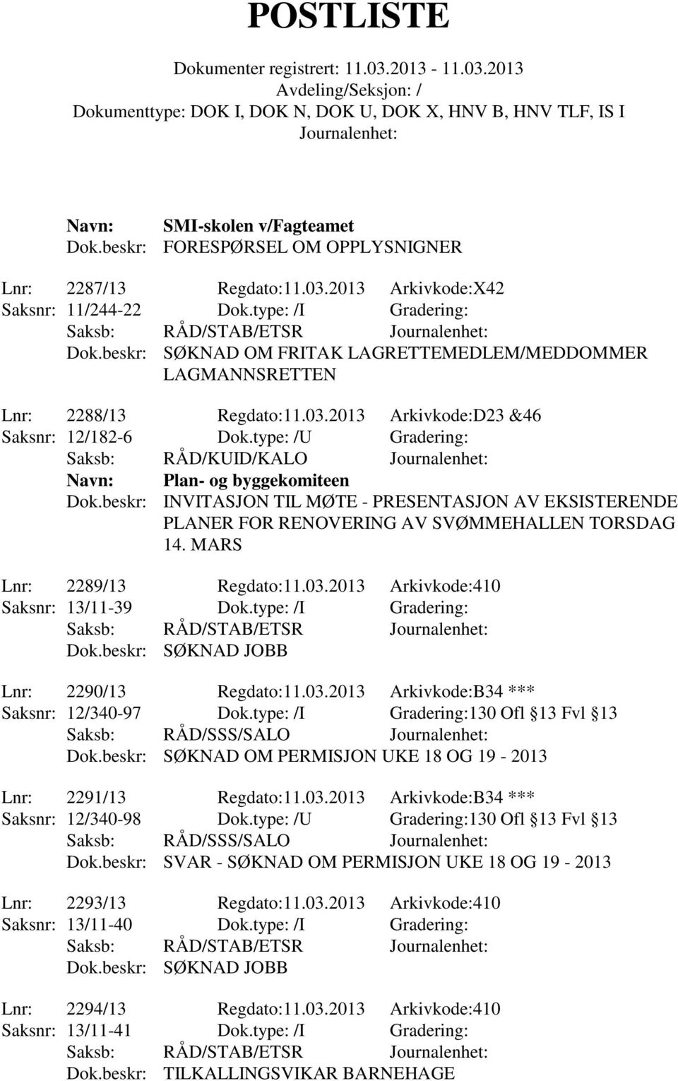 type: /U Gradering: Saksb: RÅD/KUID/KALO Navn: Plan- og byggekomiteen Dok.beskr: INVITASJON TIL MØTE - PRESENTASJON AV EKSISTERENDE PLANER FOR RENOVERING AV SVØMMEHALLEN TORSDAG 14.