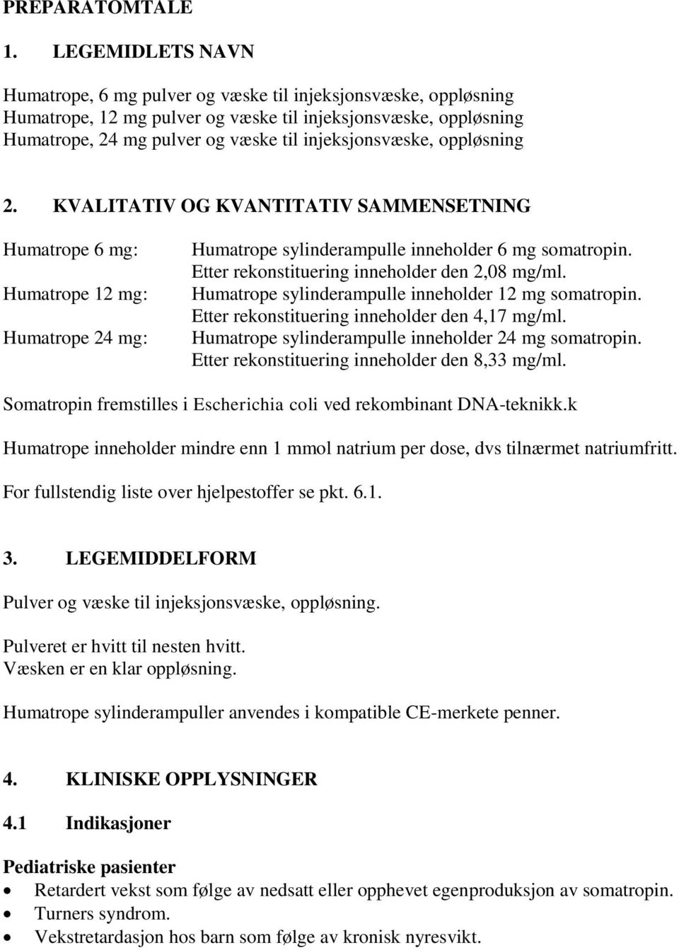 oppløsning 2. KVALITATIV OG KVANTITATIV SAMMENSETNING Humatrope 6 mg: Humatrope 12 mg: Humatrope 24 mg: Humatrope sylinderampulle inneholder 6 mg somatropin.