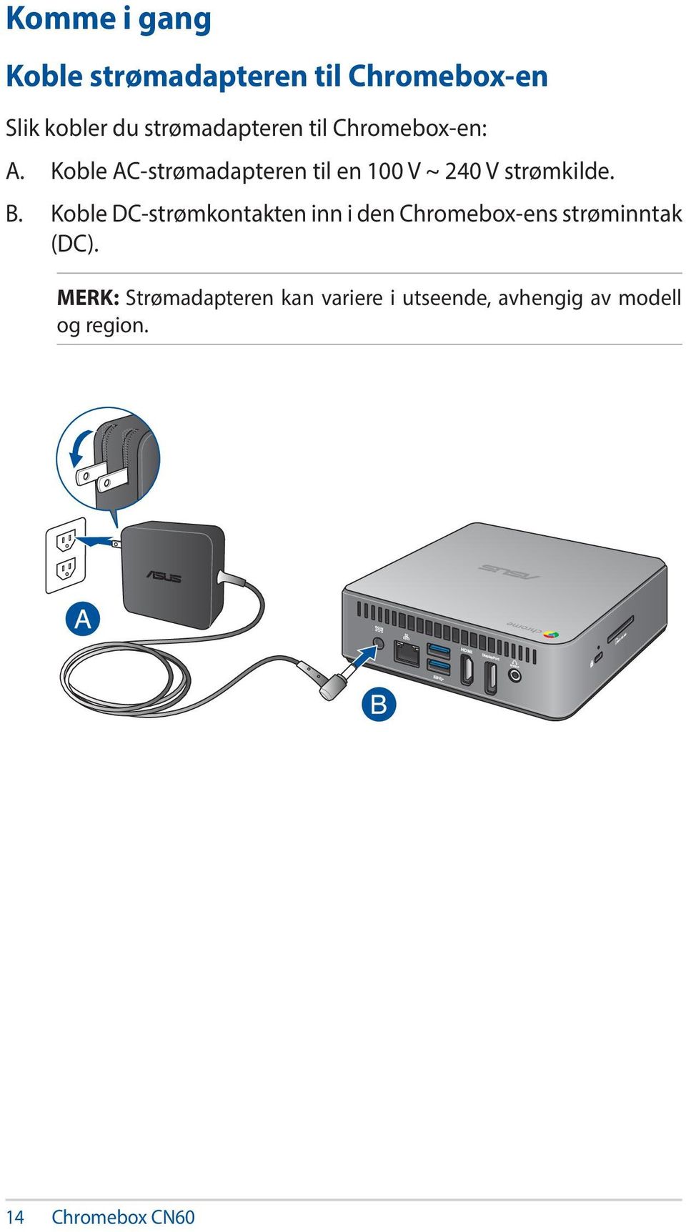 Koble AC-strømadapteren til en 100 V ~ 240 V strømkilde. B.