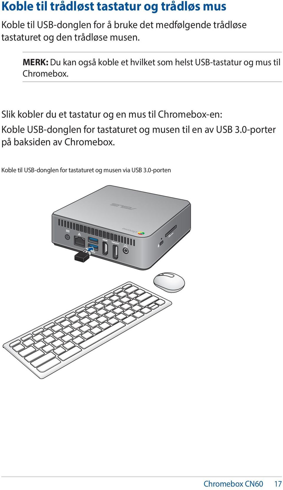 MERK: Du kan også koble et hvilket som helst USB-tastatur og mus til Chromebox.