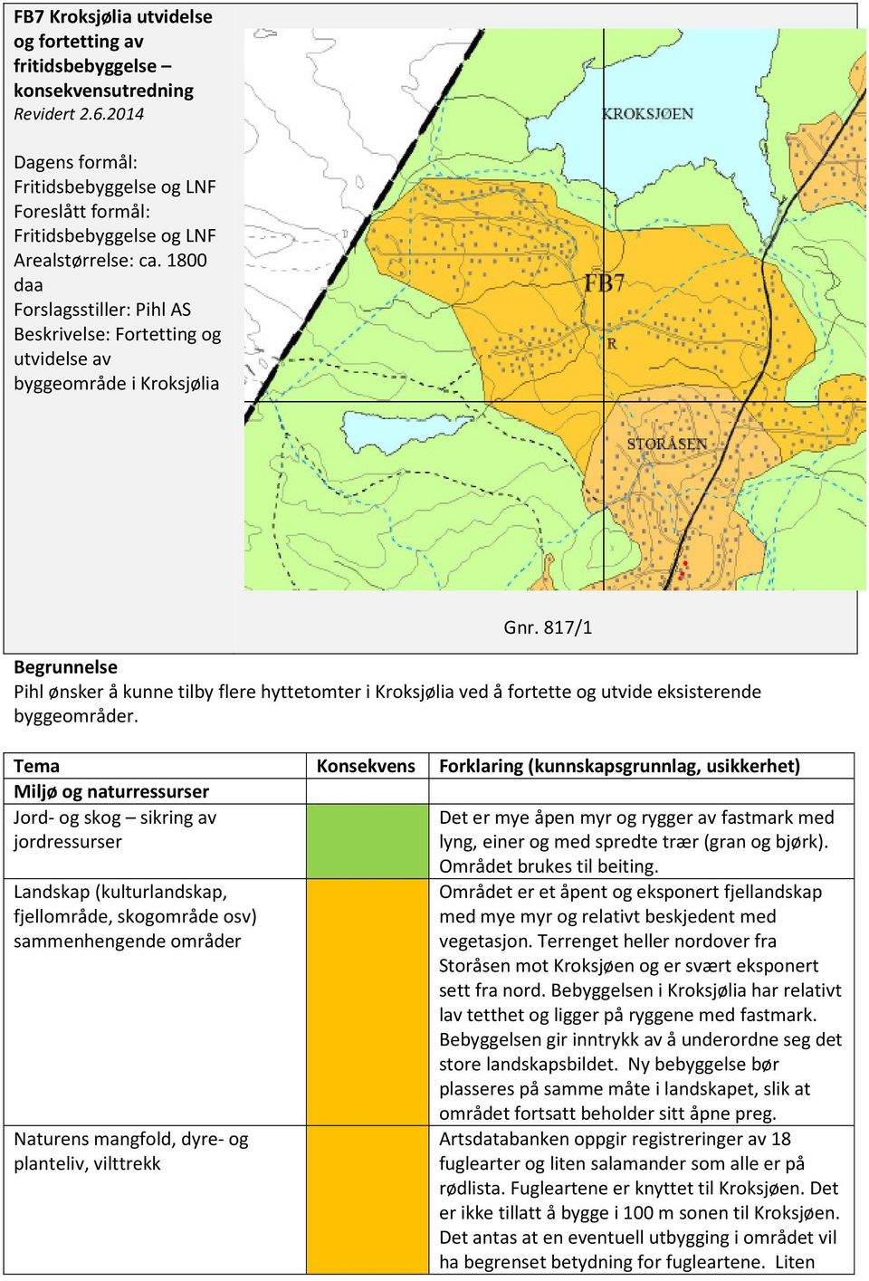 817/1 Begrunnelse Pihl ønsker å kunne tilby flere hyttetomter i Kroksjølia ved å fortette og utvide eksisterende byggeområder.