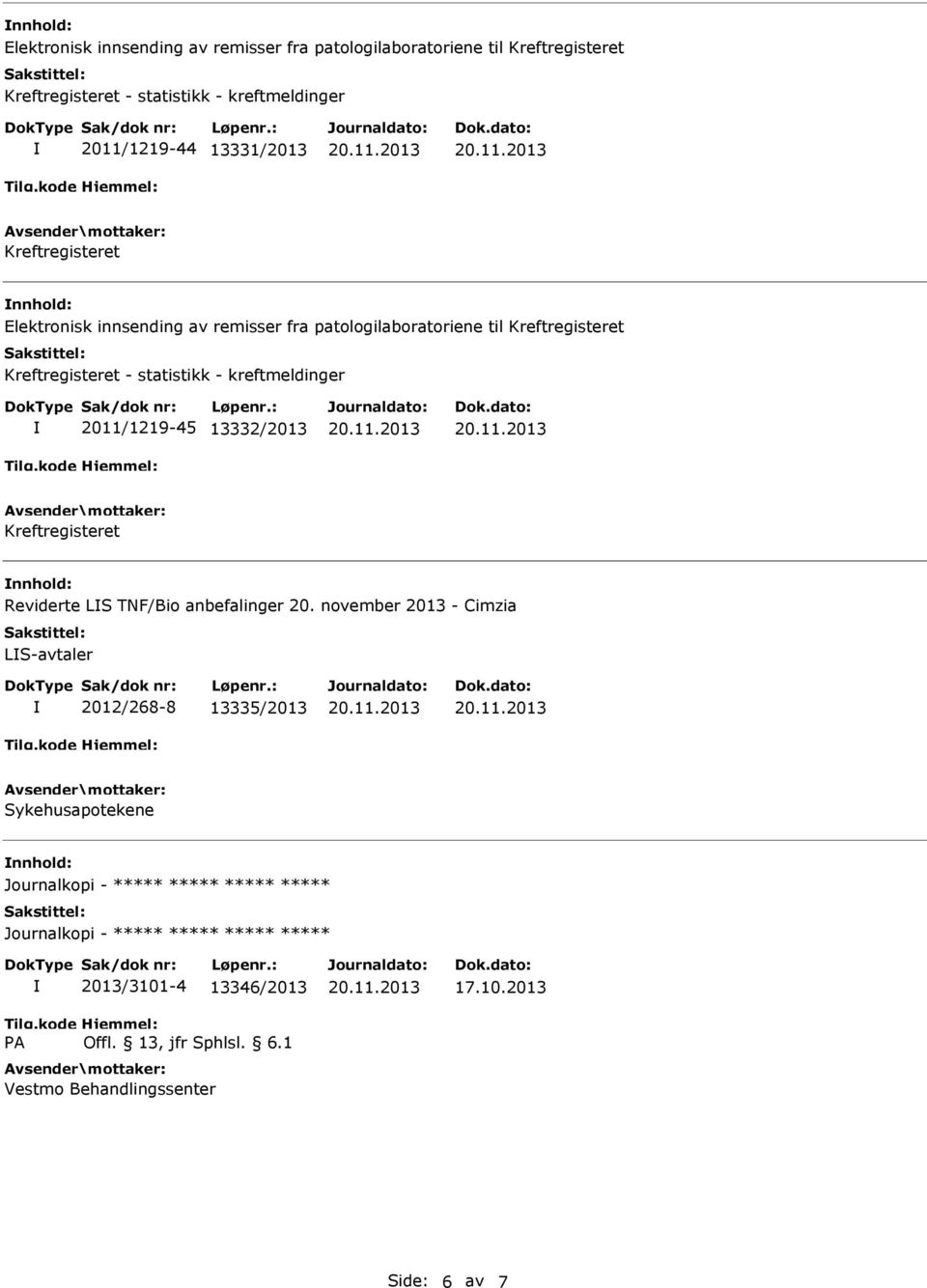 november 2013 - Cimzia LS-avtaler 2012/268-8 13335/2013 Sykehusapotekene Journalkopi - Journalkopi - 2013/3101-4 13346/2013 Vestmo