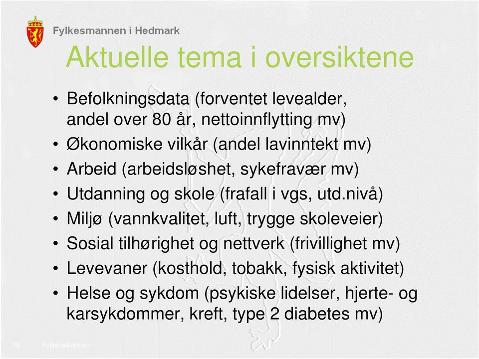 nivå) Miljø (vannkvalitet, luft, trygge skoleveier) Sosial tilhørighet og nettverk (frivillighet mv) Levevaner