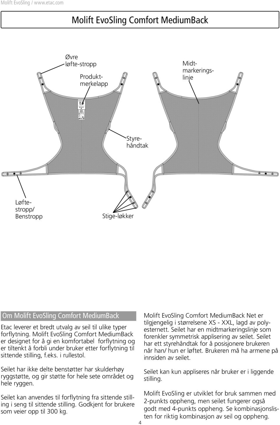 com Molift EvoSling Comfort MediumBack Øvre løfte-stropp Molift EvoSling M Midtmarkeringslinje Styrehåndtak Produktmerkelapp Løftestropp/ Benstropp Stige-løkker Om Molift EvoSling Comfort MediumBack