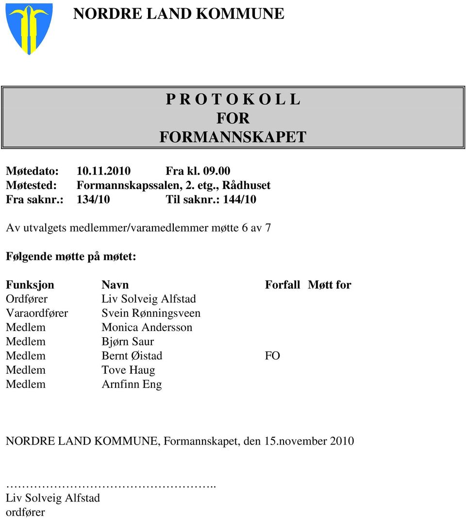 : 144/10 Av utvalgets medlemmer/varamedlemmer møtte 6 av 7 Følgende møtte på møtet: Funksjon Navn Forfall Møtt for Ordfører Liv