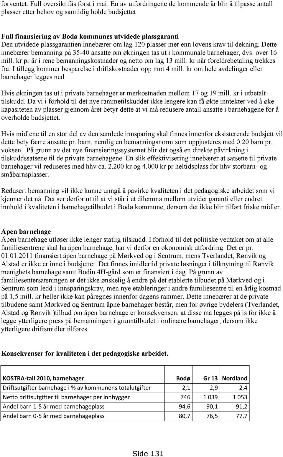 innebærer om lag 120 plasser mer enn lovens krav til dekning. Dette innebærer bemanning på 35-40 ansatte om økningen tas ut i kommunale barnehager, dvs. over 16 mill.