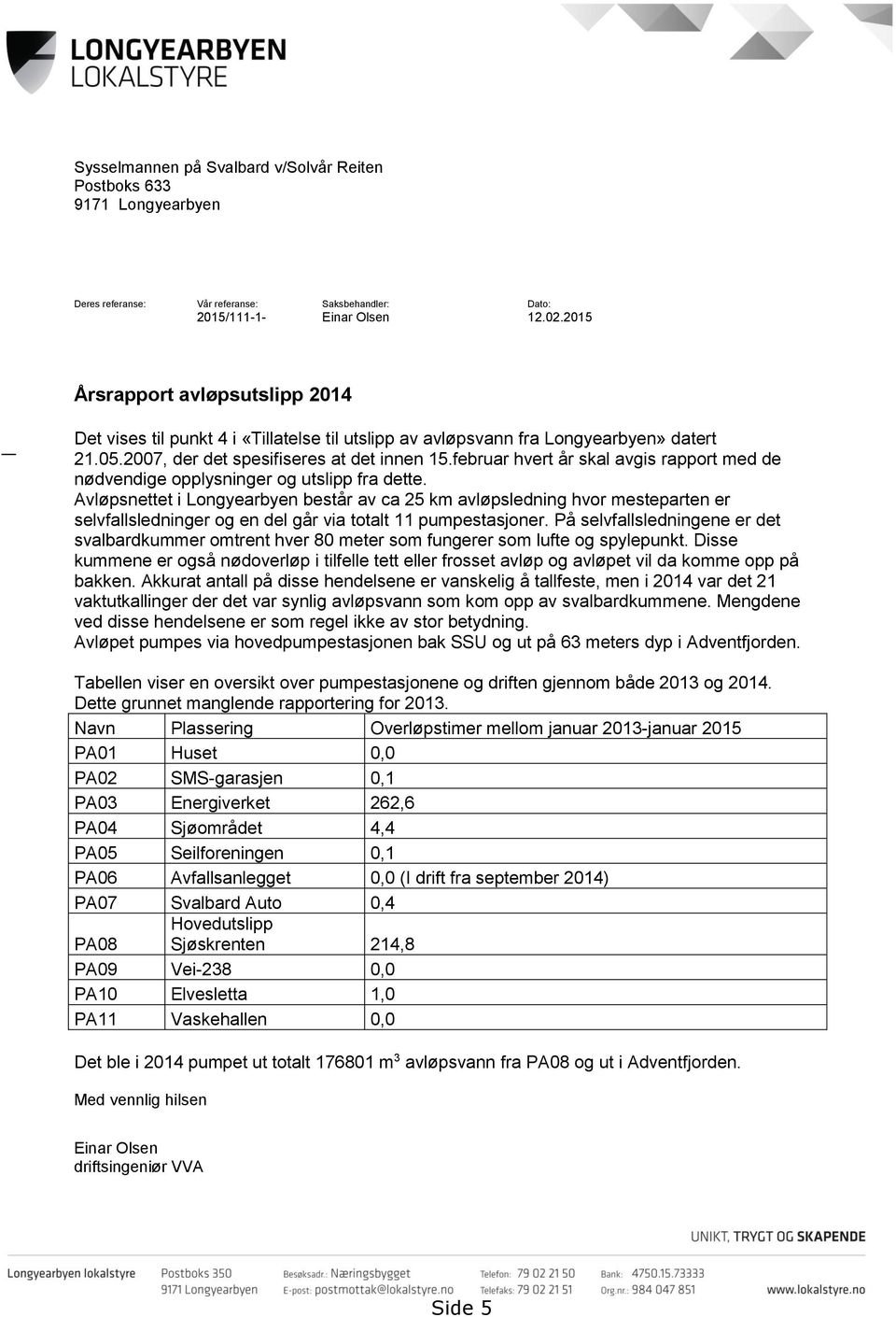 februar hvert år skal avgis rapport med de nødvendige opplysninger og utslipp fra dette.