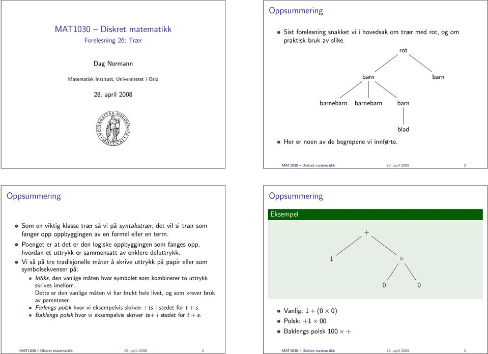 april 2008 2 Som en viktig klasse trær så vi på syntakstrær, det vil si trær som fanger opp oppbyggingen av en formel eller en term.