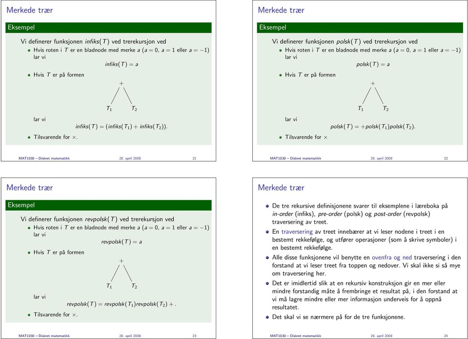 Tilsvarende for polsk(t ) = +polsk(t 1 )polsk(t 2 ). MAT1030 Diskret matematikk 28. april 2008 21 MAT1030 Diskret matematikk 28.