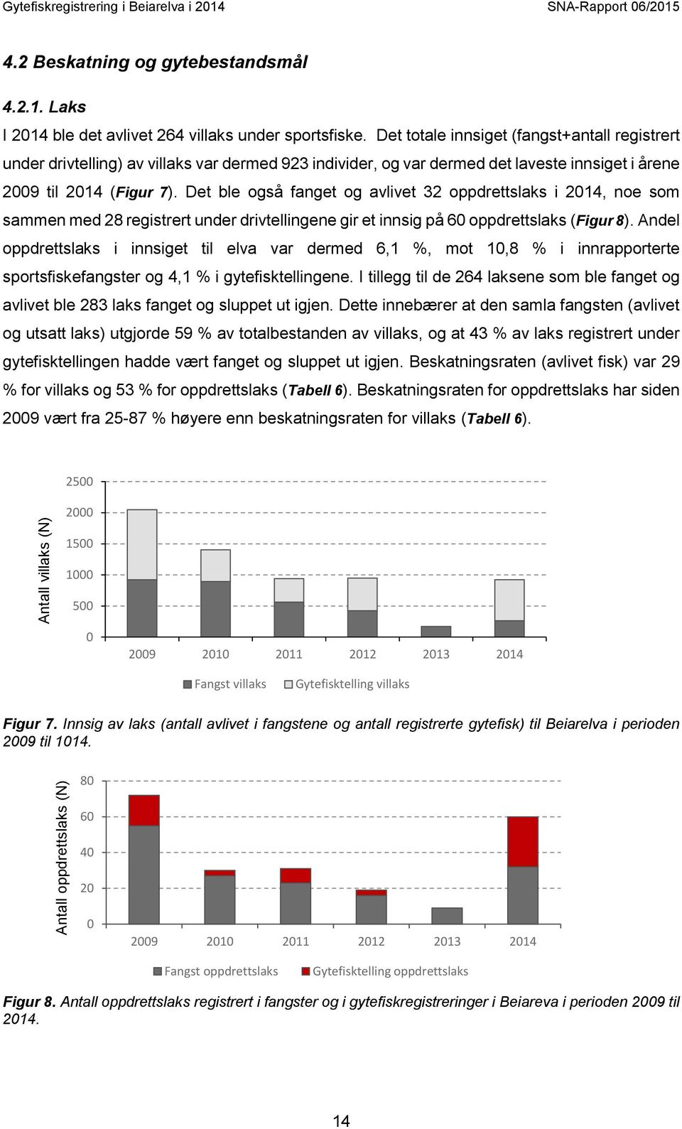 Det ble også fanget og avlivet 32 oppdrettslaks i 2014, noe som sammen med 28 registrert under drivtellingene gir et innsig på 60 oppdrettslaks (Figur 8).